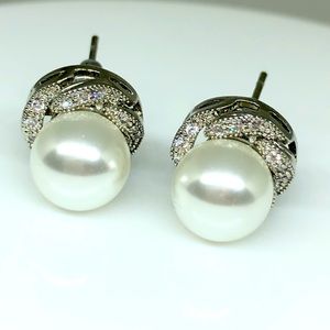 Silver Faux Pearl Studs with CZ Halo
